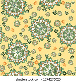 Seamless oriental ornamental pattern. Vector laced decorative background with round floral and geometric ornament. Repeating mosaic tiles with mandala. Indian or Arabic motive.