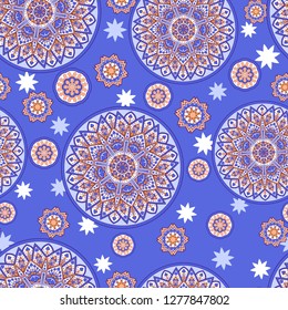 Seamless oriental ornamental pattern. Vector laced decorative background with round floral and geometric ornament. Repeating mosaic tiles with mandala. Indian or Arabic motive.