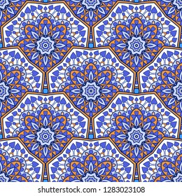 Seamless oriental ornamental pattern. Vector laced decorative background with round floral and geometric ornament. Repeating mosaic tiles with mandala. Indian or Arabic motive.