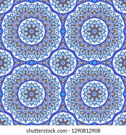 Seamless oriental ornamental pattern. Vector laced decorative background with round floral and geometric ornament. Repeating mosaic tiles with mandala. Indian or Arabic motive.