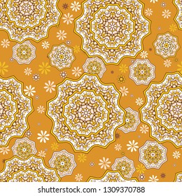 Seamless oriental ornamental pattern. Vector laced decorative background with round floral and geometric ornament. Repeating mosaic tiles with mandala. Indian or Arabic motive.
