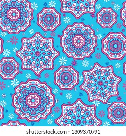 Seamless oriental ornamental pattern. Vector laced decorative background with round floral and geometric ornament. Repeating mosaic tiles with mandala. Indian or Arabic motive.
