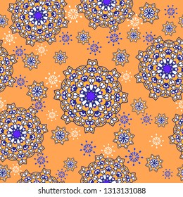 Seamless oriental ornamental pattern. Vector laced decorative background with round floral and geometric ornament. Repeating mosaic tiles with mandala. Indian or Arabic motive.