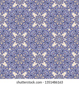 Seamless oriental ornamental pattern. Vector laced decorative background with round floral and geometric ornament. Repeating mosaic tiles with mandala. Indian or Arabic motive