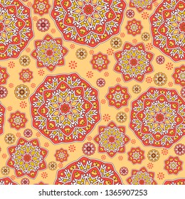 Seamless oriental ornamental pattern. Vector laced decorative background with round floral and geometric ornament. Repeating mosaic tiles with mandala. Indian or Arabic motive