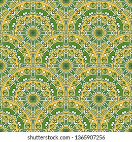 Seamless oriental ornamental pattern. Vector laced decorative background with round floral and geometric ornament. Repeating mosaic tiles with mandala. Indian or Arabic motive