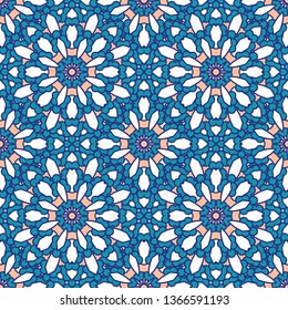Seamless oriental ornamental pattern. Vector laced decorative background with round floral and geometric ornament. Repeating mosaic tiles with mandala. Indian or Arabic motive