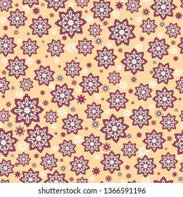 Seamless oriental ornamental pattern. Vector laced decorative background with round floral and geometric ornament. Repeating mosaic tiles with mandala. Indian or Arabic motive