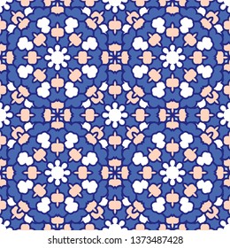 Seamless oriental ornamental pattern. Vector laced decorative background with round floral and geometric ornament. Repeating mosaic tiles with mandala. Indian or Arabic motive