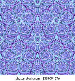 Seamless oriental ornamental pattern. Vector laced decorative background with round floral and geometric ornament. Repeating mosaic tiles with mandala. Indian or Arabic motive