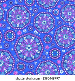 Seamless oriental ornamental pattern. Vector laced decorative background with round floral and geometric ornament. Repeating mosaic tiles with mandala. Indian or Arabic motive