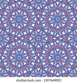 Seamless oriental ornamental pattern. Vector laced decorative background with round floral and geometric ornament. Repeating mosaic tiles with mandala. Indian or Arabic motive