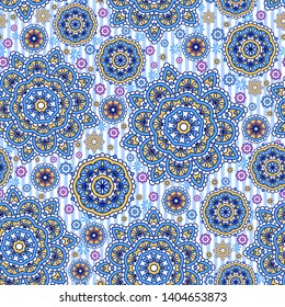 Seamless oriental ornamental pattern. Vector laced decorative background with floral and geometric ornament. Repeating striped tiles with mandala. Indian or Arabic motive.