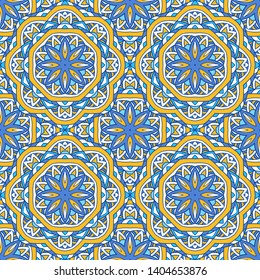 Seamless oriental ornamental pattern. Vector laced decorative background with round floral and geometric ornament. Repeating mosaic tiles with mandala. Indian or Arabic motive