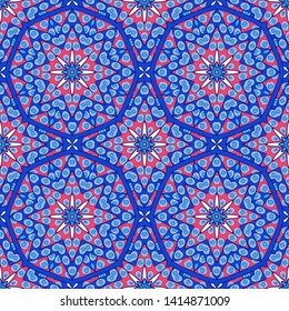 Seamless oriental ornamental pattern. Vector laced decorative background with round floral and geometric ornament. Repeating mosaic tiles with mandala. Indian or Arabic motive
