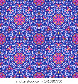 Seamless oriental ornamental pattern. Vector laced decorative background with round floral and geometric ornament. Repeating mosaic tiles with mandala. Indian or Arabic motive