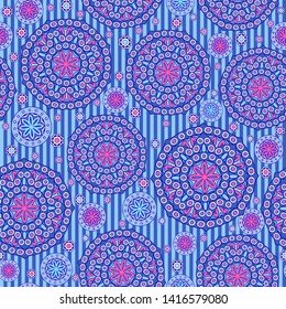 Seamless oriental ornamental pattern. Vector laced decorative background with floral and geometric ornament. Repeating striped tiles with mandala. Indian or Arabic motive.