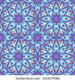 Seamless oriental ornamental pattern. Vector laced decorative background with round floral and geometric ornament. Repeating mosaic tiles with mandala. Indian or Arabic motive