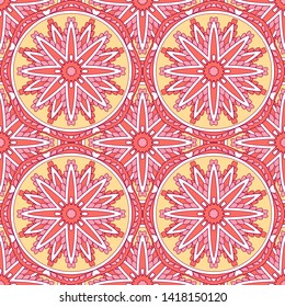 Seamless oriental ornamental pattern. Vector laced decorative background with round floral and geometric ornament. Repeating mosaic tiles with mandala. Indian or Arabic motive