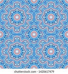 Seamless oriental ornamental pattern. Vector laced decorative background with round floral and geometric ornament. Repeating mosaic tiles with mandala. Indian or Arabic motive