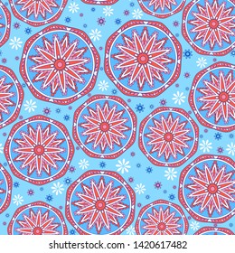Seamless oriental ornamental pattern. Vector laced decorative background with round floral and geometric ornament. Repeating mosaic tiles with mandala. Indian or Arabic motive