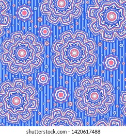 Seamless oriental ornamental pattern. Vector laced decorative background with floral and geometric ornament. Repeating striped tiles with mandala. Indian or Arabic motive.
