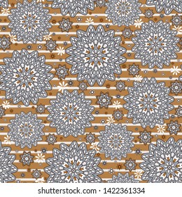 Seamless oriental ornamental pattern. Vector laced decorative background with floral and geometric ornament. Repeating striped tiles with mandala. Indian or Arabic motive.