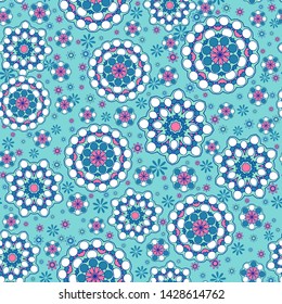 Seamless oriental ornamental pattern. Vector laced decorative background with round floral and geometric ornament. Repeating mosaic tiles with mandala. Indian or Arabic motive