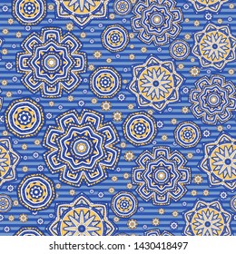Seamless oriental ornamental pattern. Vector laced decorative background with floral and geometric ornament. Repeating striped tiles with mandala. Indian or Arabic motive.