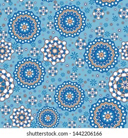 Seamless oriental ornamental pattern. Vector laced decorative background with round floral and geometric ornament. Repeating mosaic tiles with mandala. Indian or Arabic motive