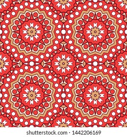Seamless oriental ornamental pattern. Vector laced decorative background with round floral and geometric ornament. Repeating mosaic tiles with mandala. Indian or Arabic motive