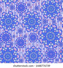 Seamless oriental ornamental pattern. Vector laced decorative background with floral and geometric ornament. Repeating striped tiles with mandala. Indian or Arabic motive.