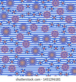 Seamless oriental ornamental pattern. Vector laced decorative background with floral and geometric ornament. Repeating striped tiles with mandala. Indian or Arabic motive.