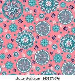 Seamless oriental ornamental pattern. Vector laced decorative background with round floral and geometric ornament. Repeating mosaic tiles with mandala. Indian or Arabic motive