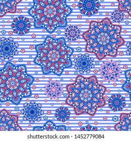 Seamless oriental ornamental pattern. Vector laced decorative background with floral and geometric ornament. Repeating striped tiles with mandala. Indian or Arabic motive.