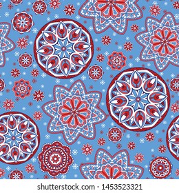 Seamless oriental ornamental pattern. Vector laced decorative background with round floral and geometric ornament. Repeating mosaic tiles with mandala. Indian or Arabic motive