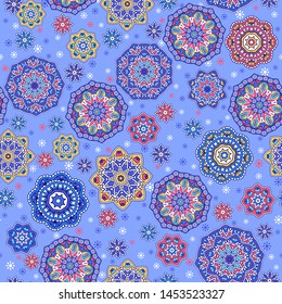Seamless oriental ornamental pattern. Vector laced decorative background with round floral and geometric ornament. Repeating mosaic tiles with mandala. Indian or Arabic motive