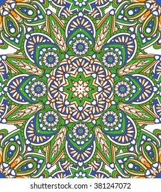 Seamless oriental ornamental pattern. Vector laced decorative background with floral and geometric ornament. Repeating geometric tiles with mandala. Indian or Arabic motive.