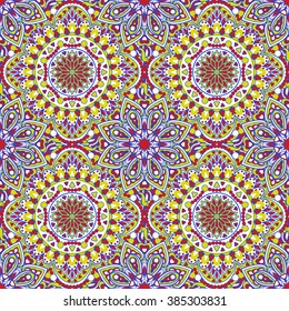 Seamless oriental ornamental pattern. Vector laced decorative background with floral and geometric ornament. Repeating geometric tiles with mandala. Indian or Arabic motive. Boho festival style.