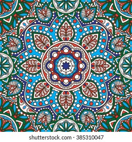 Seamless oriental ornamental pattern. Vector laced decorative background with floral and geometric ornament. Repeating geometric tiles with mandala. Indian or Arabic motive. Boho festival style.