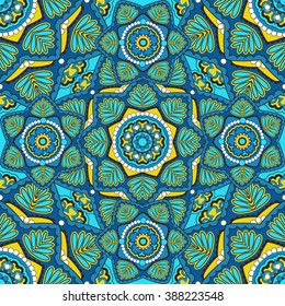 Seamless oriental ornamental pattern. Vector laced decorative background with floral and geometric ornament. Repeating geometric tiles with mandala. Indian or Arabic motive. Boho festival style.