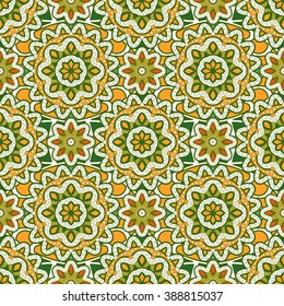 Seamless oriental ornamental pattern. Vector laced decorative background with floral and geometric ornament. Repeating geometric tiles with mandala. Indian or Arabic motive. Boho festival style.