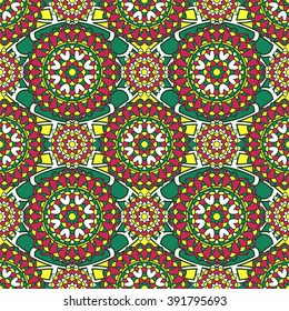 Seamless oriental ornamental pattern. Vector laced decorative background with floral and geometric ornament. Repeating geometric tiles with mandala. Indian or Arabic motive. Boho festival style.