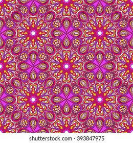 Seamless oriental ornamental pattern. Vector laced decorative background with floral and geometric ornament. Repeating geometric tiles with mandala. Indian or Arabic motive. Boho festival style.