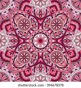 Seamless oriental ornamental pattern. Vector laced decorative background with floral and geometric ornament. Repeating geometric tiles with mandala. Indian or Arabic motive. Boho festival style.