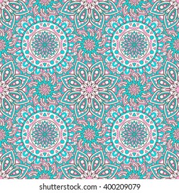 Seamless oriental ornamental pattern. Vector laced decorative background with floral and geometric ornament. Repeating geometric tiles with mandala. Indian or Arabic motive. Boho festival style.