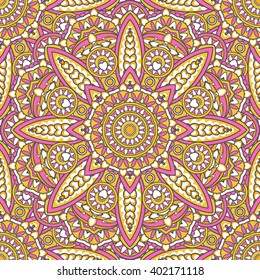 Seamless oriental ornamental pattern. Vector laced decorative background with floral and geometric ornament. Repeating geometric tiles with mandala. Indian or Arabic motive. Boho festival style.