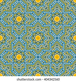 Seamless oriental ornamental pattern. Vector laced decorative background with floral and geometric ornament. Repeating geometric tiles with mandala. Indian or Arabic motive. Boho festival style.