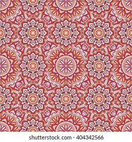 Seamless oriental ornamental pattern. Vector laced decorative background with floral and geometric ornament. Repeating geometric tiles with mandala. Indian or Arabic motive. Boho festival style.