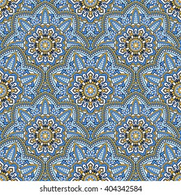Seamless oriental ornamental pattern. Vector laced decorative background with floral and geometric ornament. Repeating geometric tiles with mandala. Indian or Arabic motive. Boho festival style.